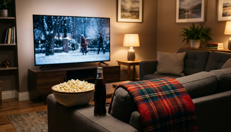 Eye-level view of a cozy living room television beside popcorn and a plaid blanket
