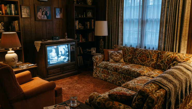 Eye-level view of an old television glowing in a dim family room.