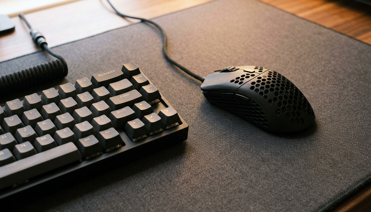 Close-up view of a gaming mouse on a large mouse pad beside a mechanical keyboard.