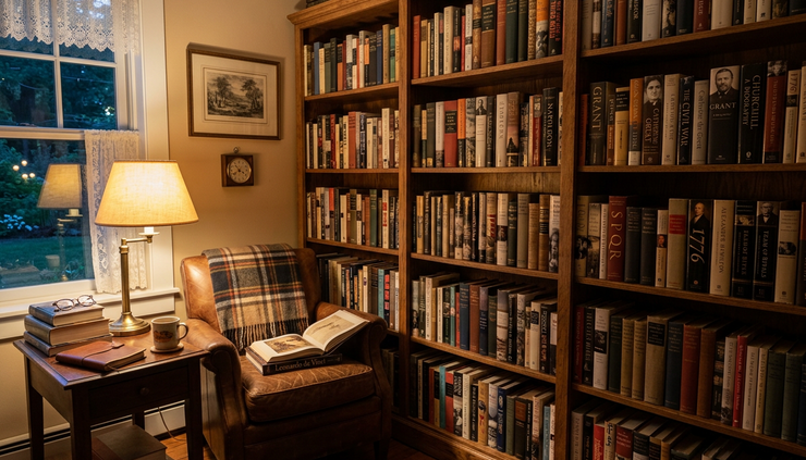 Wide-angle view of a small library shelf filled with history books