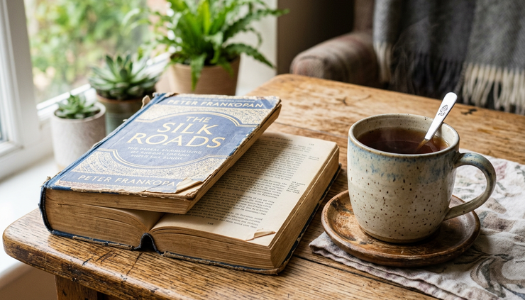 Eye-level view of a worn nonfiction book beside a cup of tea