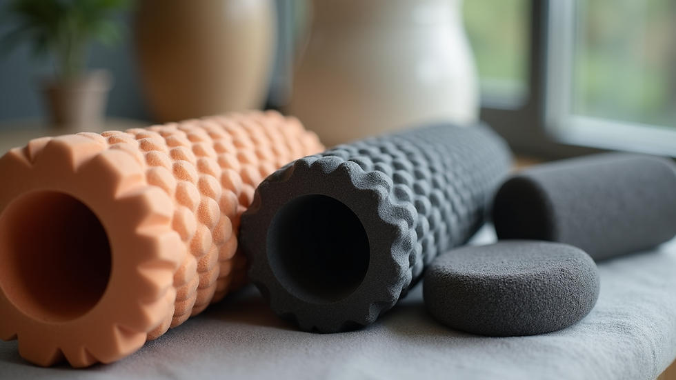 Close-up view of foam rollers and massage tools