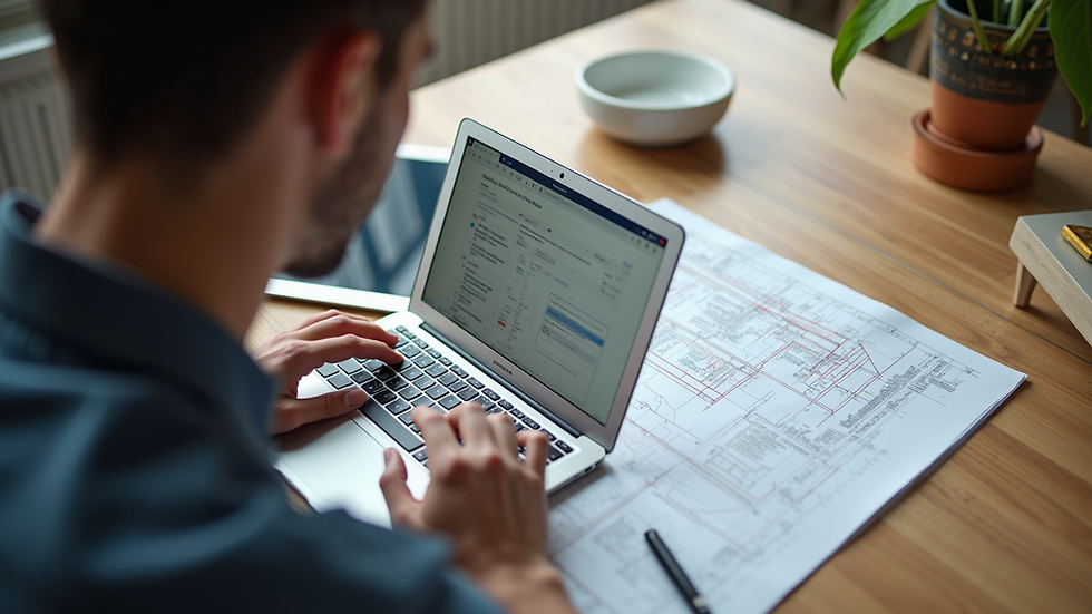 High angle view of a virtual assistant working on a laptop with construction plans nearby