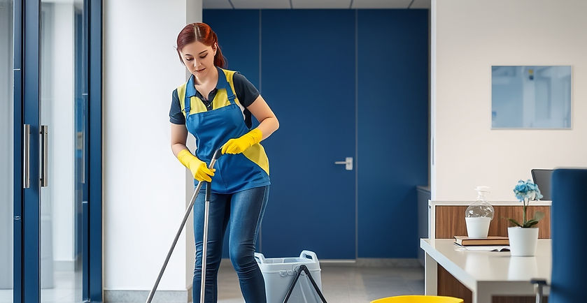 female cleaners in blue and yellow cleaning an office.jpg