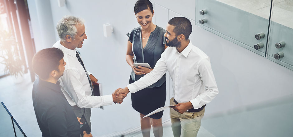 Business people, above or handshake in agreement for greeting, meeting or partnership. Col