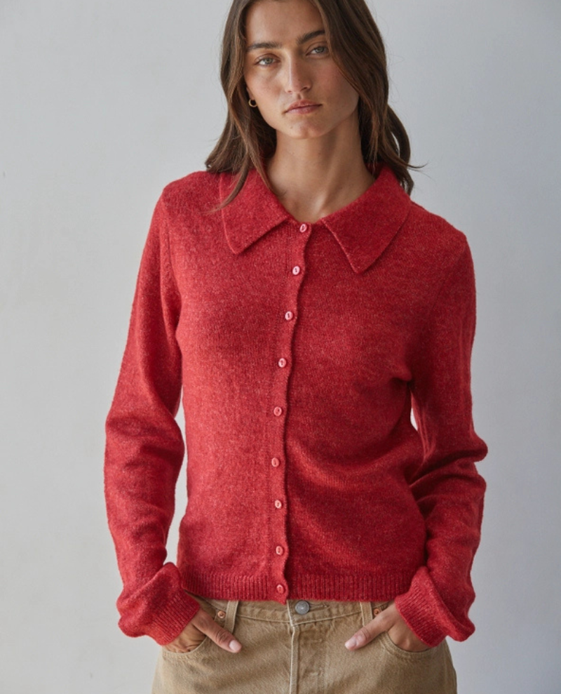 By Together Red Collared Button Down Cardigan