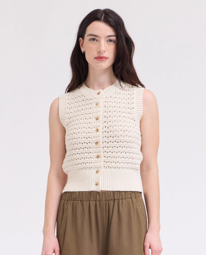 Grade & Gather Cream Knitted Sleeveless Button Up Top