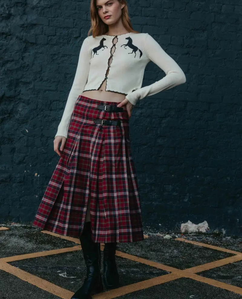 Another Girl Red Tartan Buckle Detail Kilt Midi Skirt