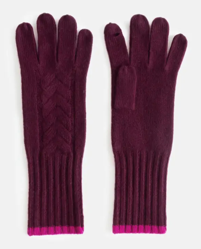 Caroline Gardner Burgundy Cable Knit Cashmere Gloves
