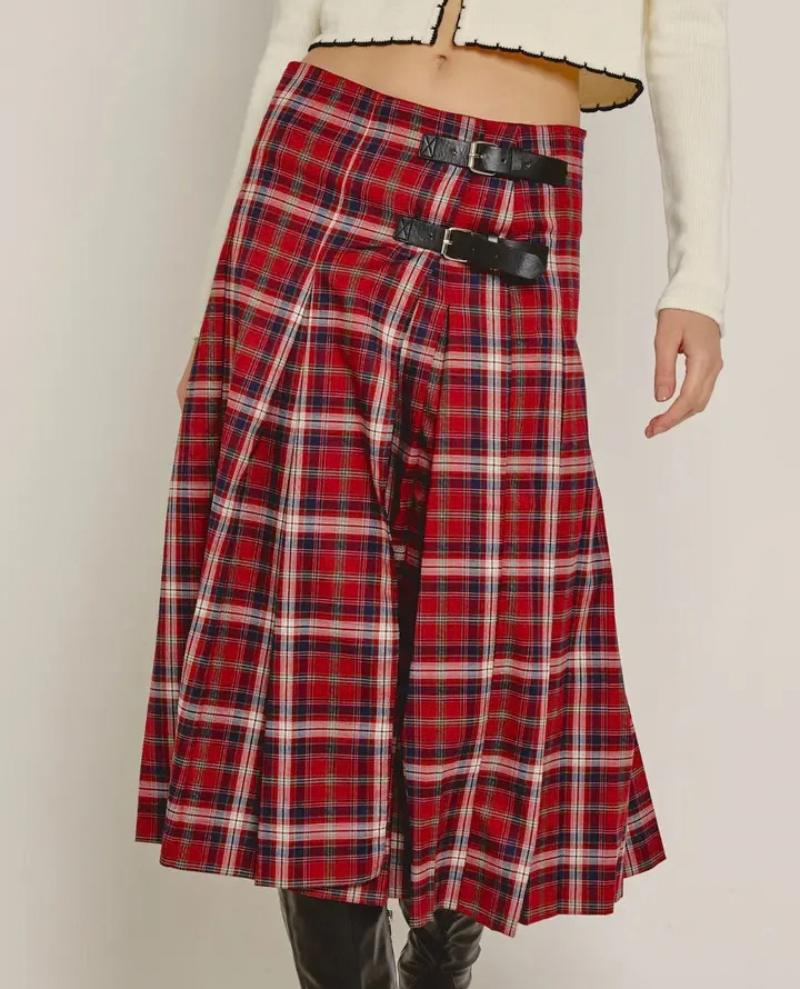 Another Girl Red Tartan Buckle Detail Kilt Midi Skirt