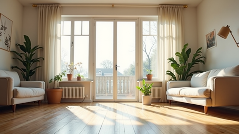 Eye-level view of a clean living room with open windows and sunlight