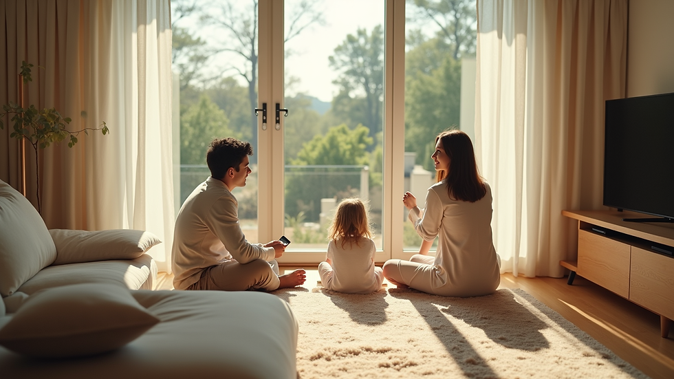 High angle view of a family enjoying fresh air in a bright living room