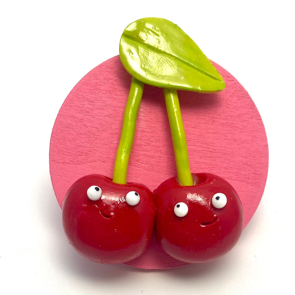 Handmade polymer clay Cherry Magnet featuring two cherries with green stems
