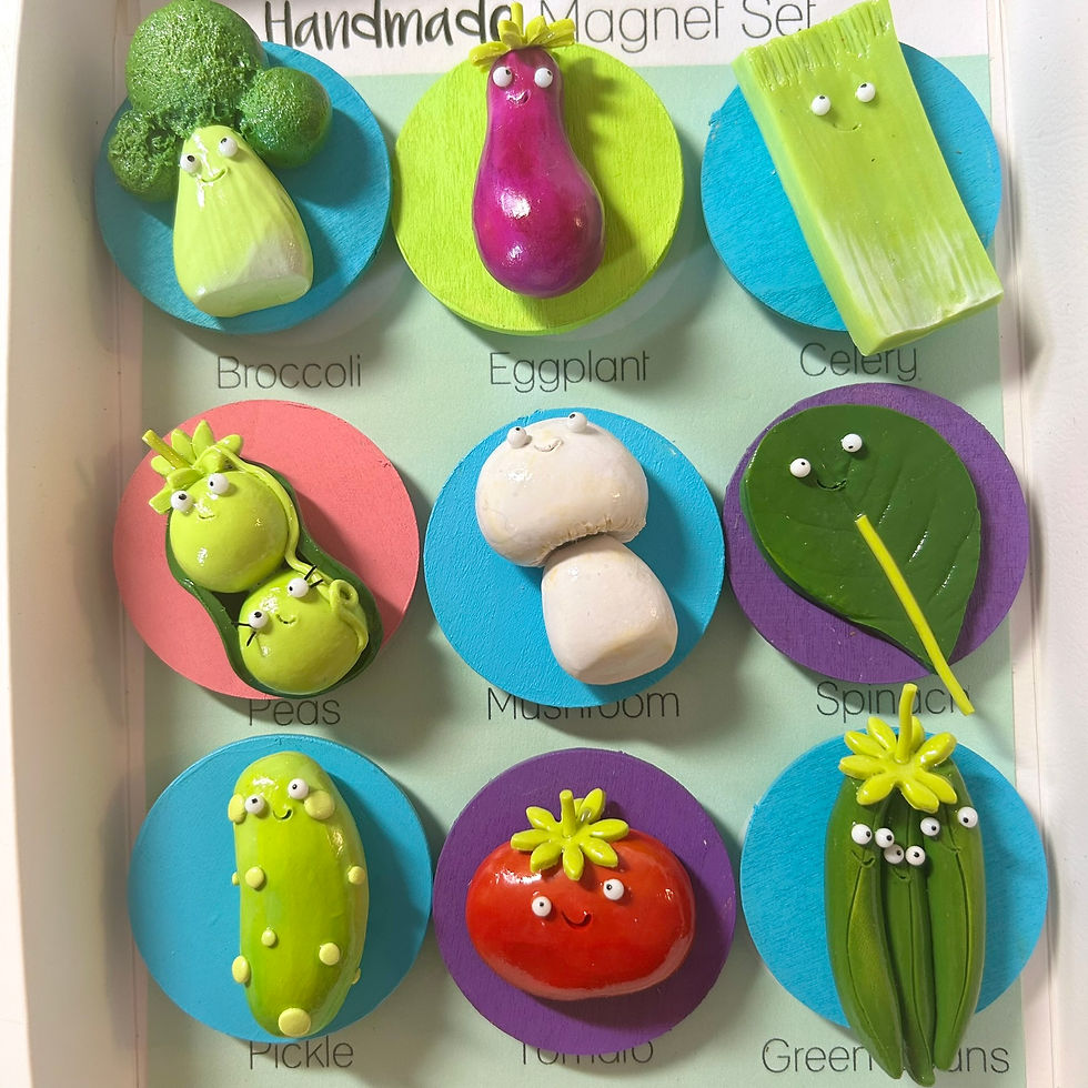 Handmade polymer clay Very Veggie Polymer Clay Magnet Collector’s Set featuring broccoli, eggplant, celery, pea pod, mushroom