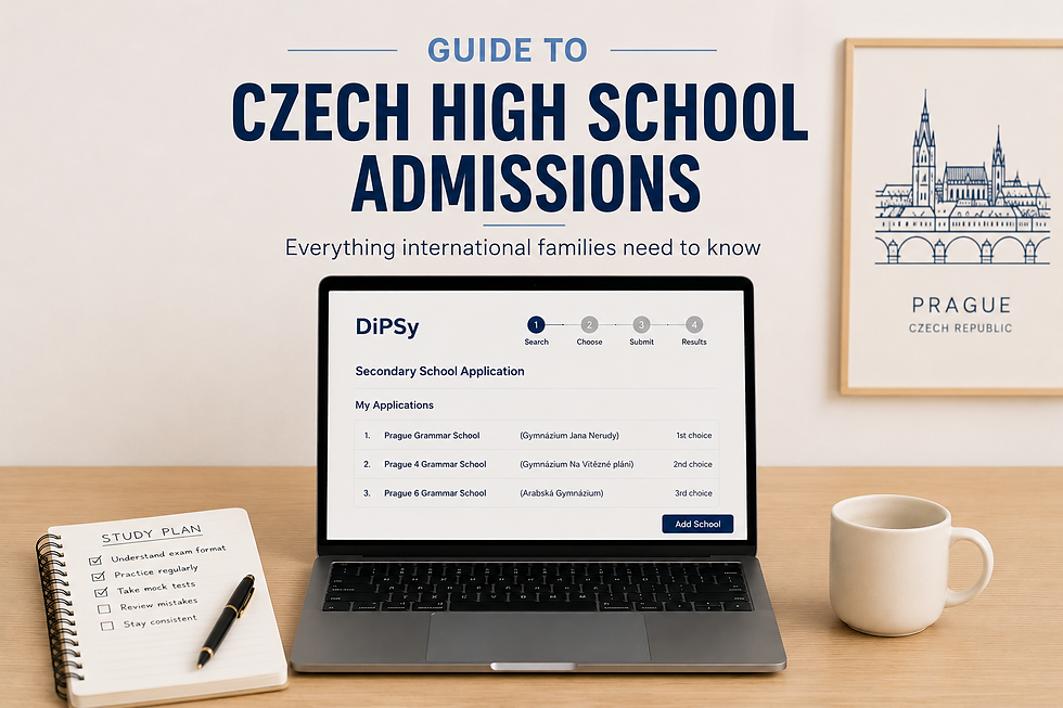 Guide to Czech high school admissions for international families, including DiPSy applications, entrance exams, and Czech secondary schools.