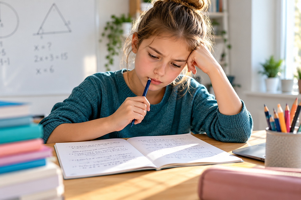 Dívka řeší slovní úlohy z matematiky.