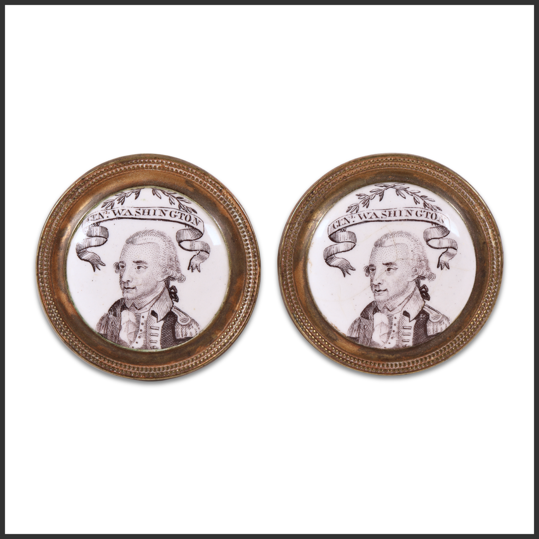 Pair of George Washington Battersea Enamel Tiebacks