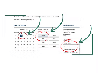 Skærmbillede af Reach Psykologers bookingkalender med valg af dato, tid og behandler.