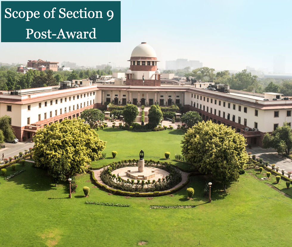 Aerial view of the Supreme Court of India, a large building with a domed roof, surrounded by lush gardens. Text reads "Scope of Section 9 Post-Award" at the top.