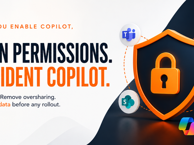 Microsoft 365 Copilot promo with shield and lock, Teams/Outlook/SharePoint/OneDrive icons, text about clean permissions.