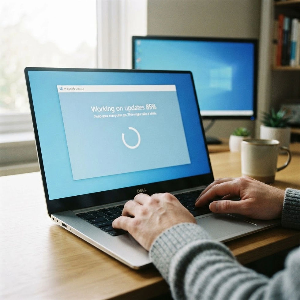 Hands typing on a Dell laptop showing Working on updates 89% in a home office, with a monitor and coffee mug behind.