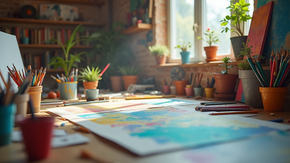 Eye-level view of a colorful art studio filled with creative supplies