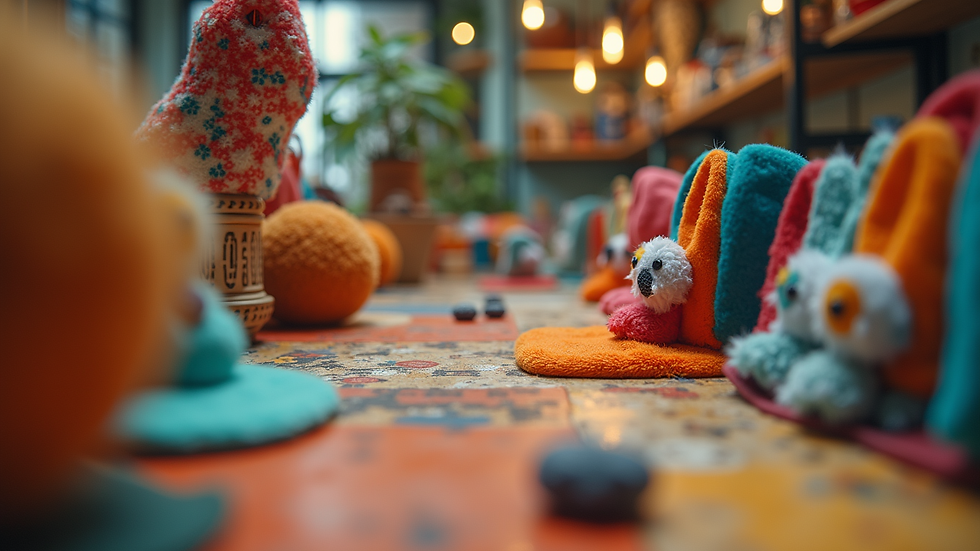 Eye-level view of a colorful display of exclusive merchandise from Critter TV