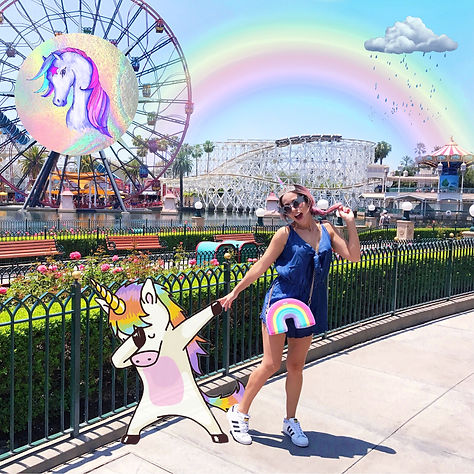 Girl and unicorn at a theme park