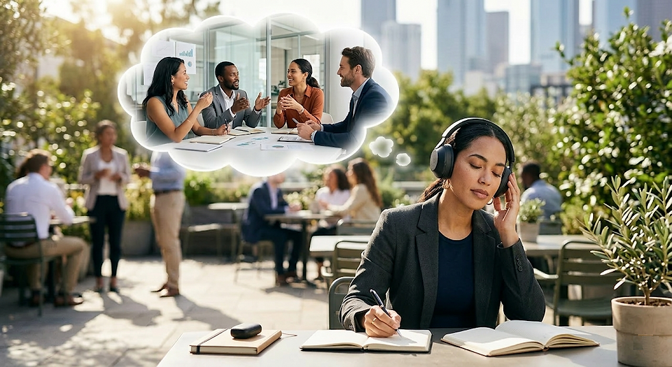 A woman sitting outdoors with a book listening to an audio scenario and imagining the people and scene in her mind.