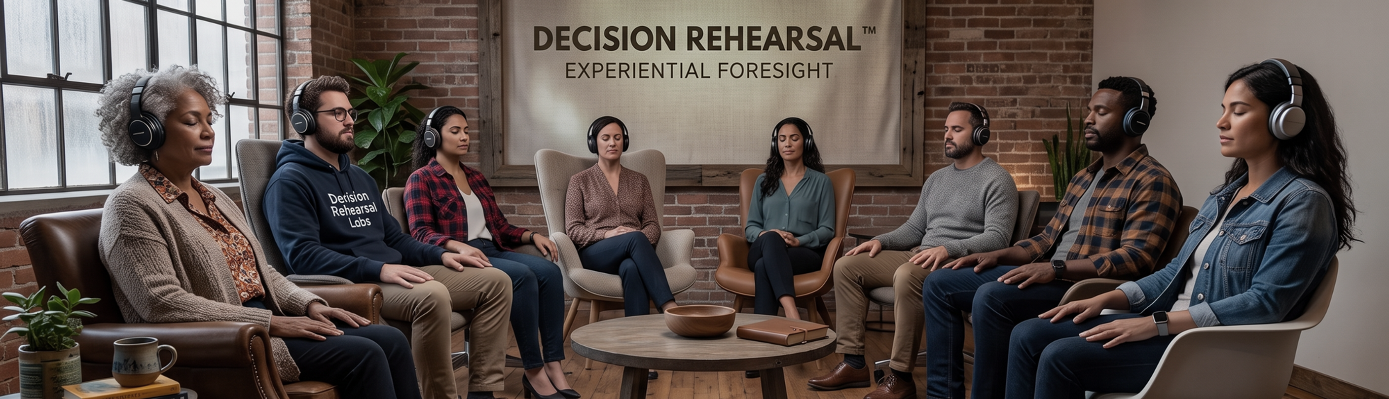 A team of executives in a circle listening to a mental simulation scenario for improved decision-making.