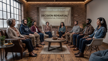 A team of executives in a circle listening to a mental simulation scenario for improved decision-making.