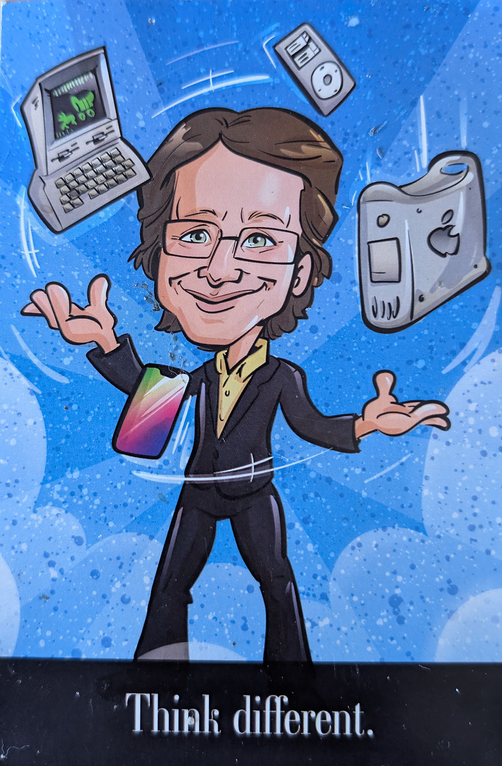 An innovative accountant juggling various items and encouraging people to "think different"