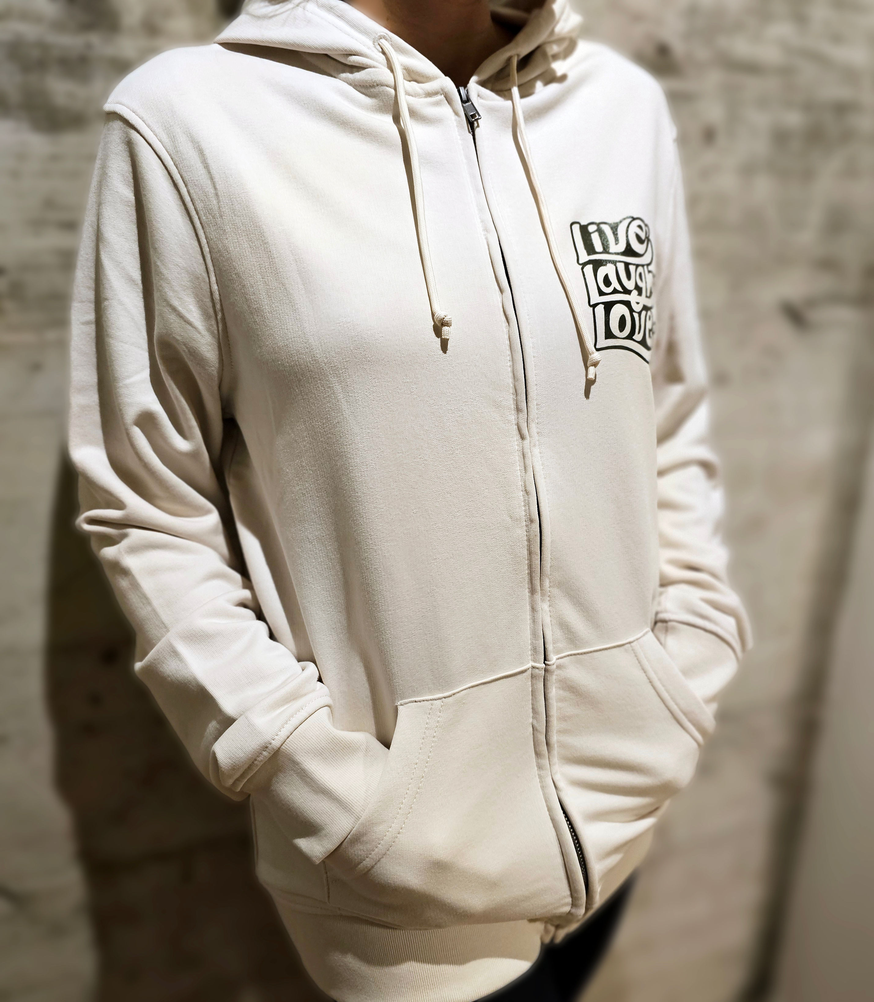 Sweatshirt Com Fecho e Capuz Off White - Live Laugh & Love