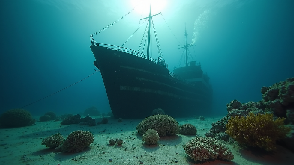 Eye-level view of a sunken ship surrounded by marine life