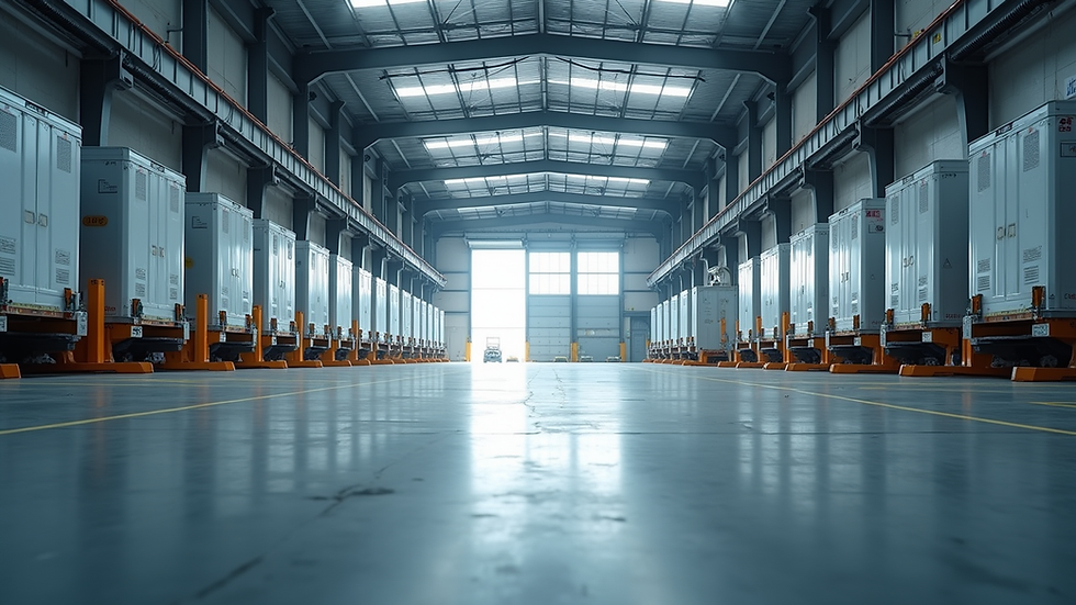 Eye-level view of modern industrial warehouse with loading docks