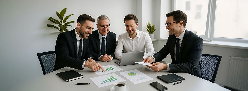 Profesionales financieros trabajando en equipo, con gráficos, computadora portátil y vestimenta ejecutiva.