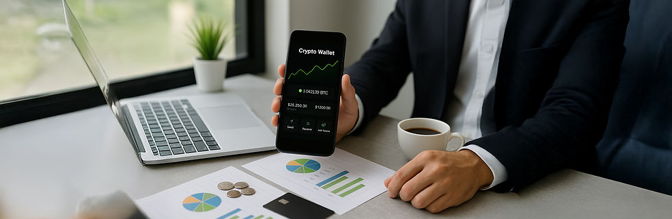 Mano sosteniendo un smartphone con aplicación de crypto wallet, rodeada de gráficos financieros y laptop.