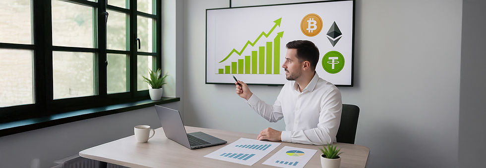 Presentación sobre activos digitales y criptomonedas con gráficos en pantalla.