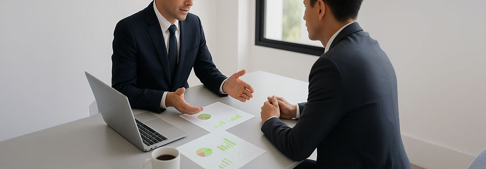 Reunión financiera entre dos profesionales con laptop y análisis de gráficos.