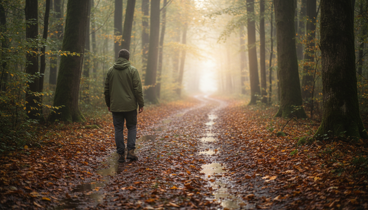 Eye-level view of a person walking on a quiet trail after rain.