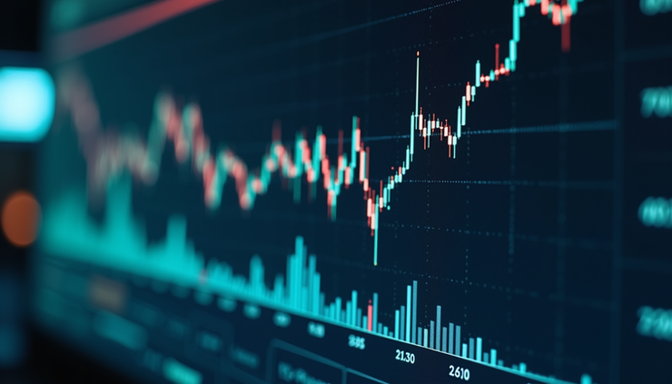 Eye-level view of a digital dashboard displaying real-time market data