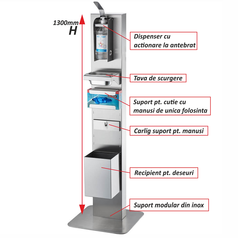 643601, Stand din inox, pentru dezinfectare, cu 5 accesorii incluse, statie dezinfectare, punct de dezinfectare, horeca buc