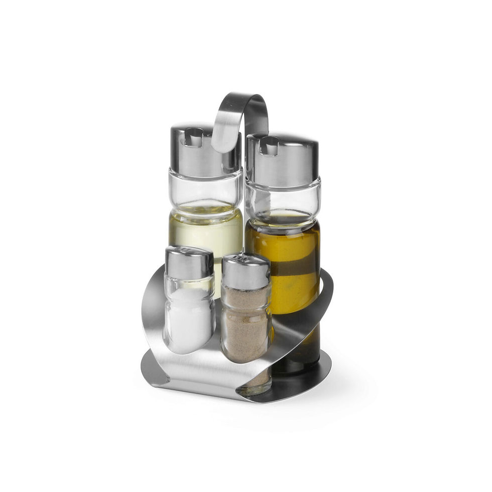 Oliviera 4 piese -sare piper/ otet/ ulei, suport din inox, recipiente din sticla cu capace din inox, dimensiuni 120x170h mm