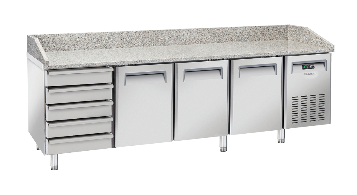 Masa frigorifica pizza, cu blat de granit, 3 uși si modul neutru cu 5 sertare, inox 2550x800x1040 mm