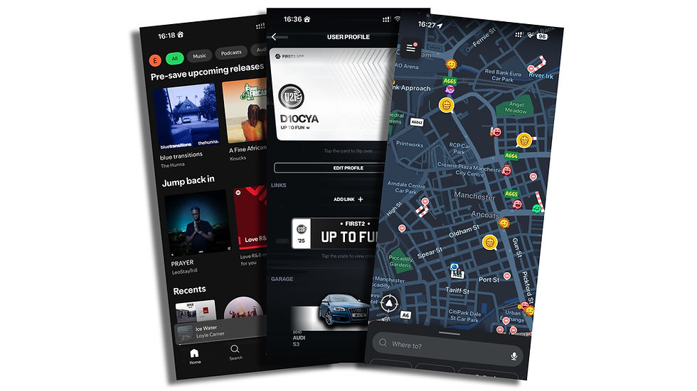 Waze, Spotify and First2 Screenshots