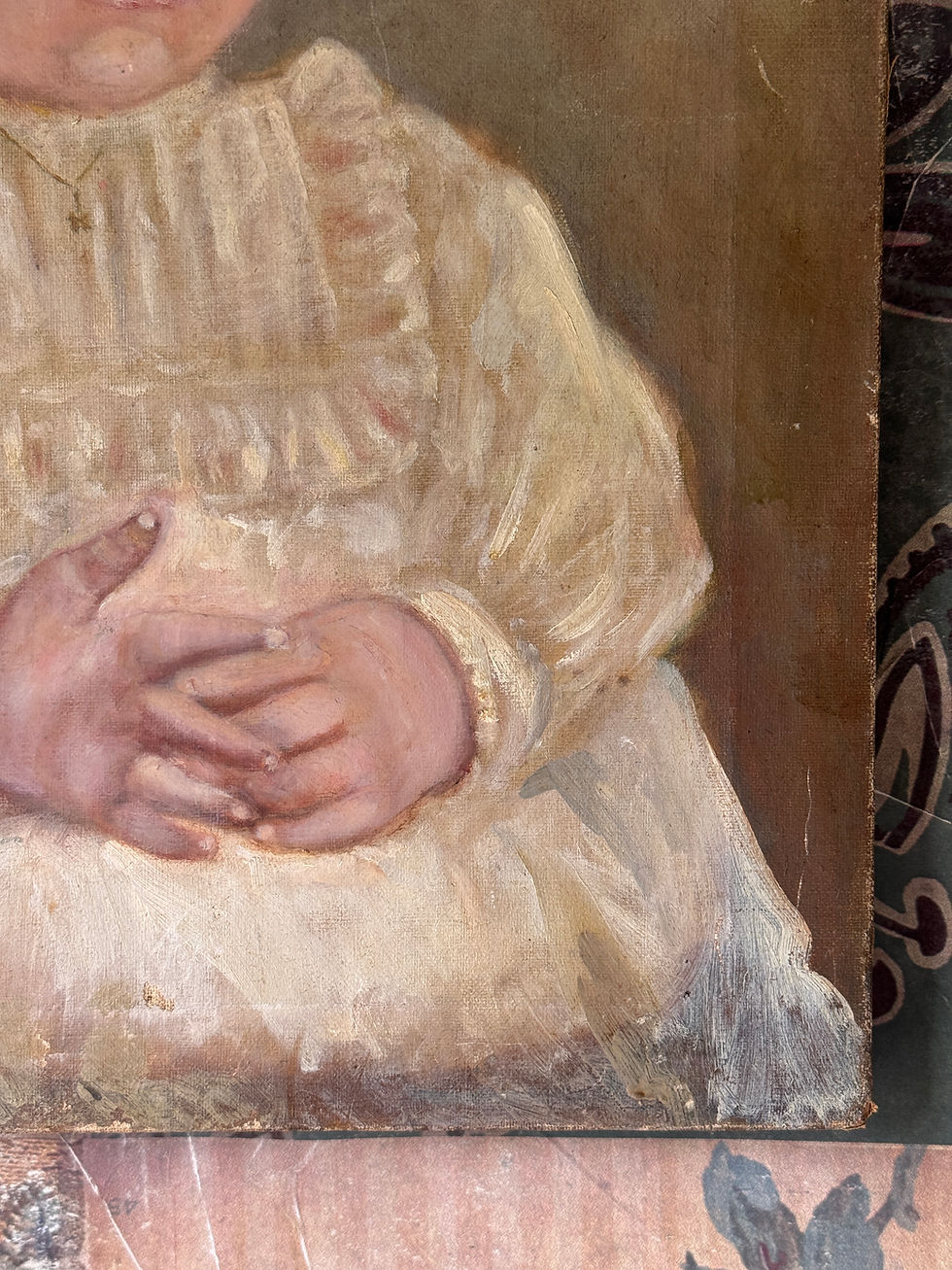 Thumbnail: Antique Unframed Oil on Canvas Toddler Portrait 