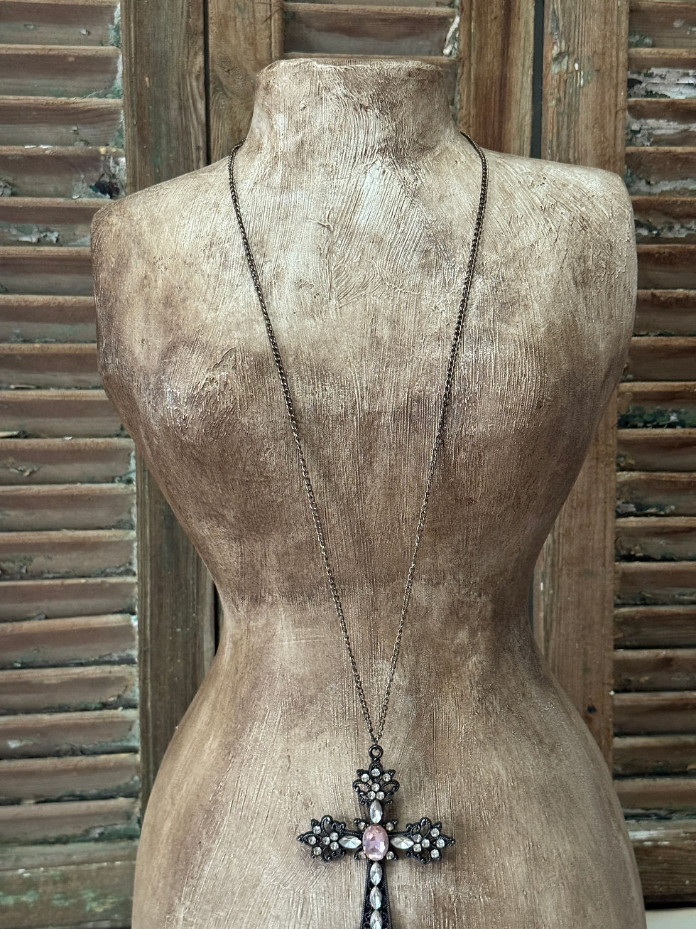 Thumbnail: Extra Large Pink Gem Cross Necklace 