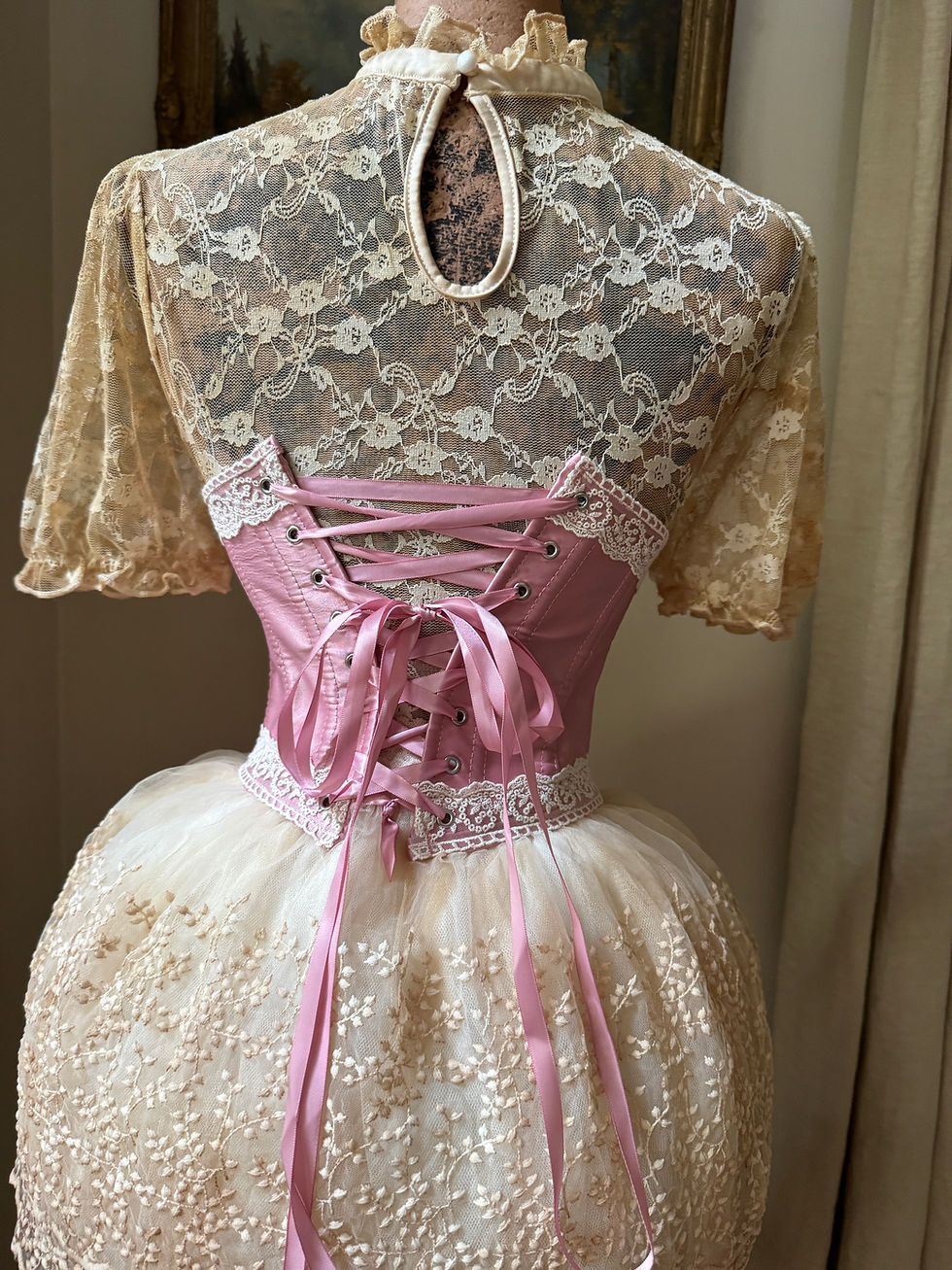 Thumbnail: Pink Waist Corset with Lace Trim 