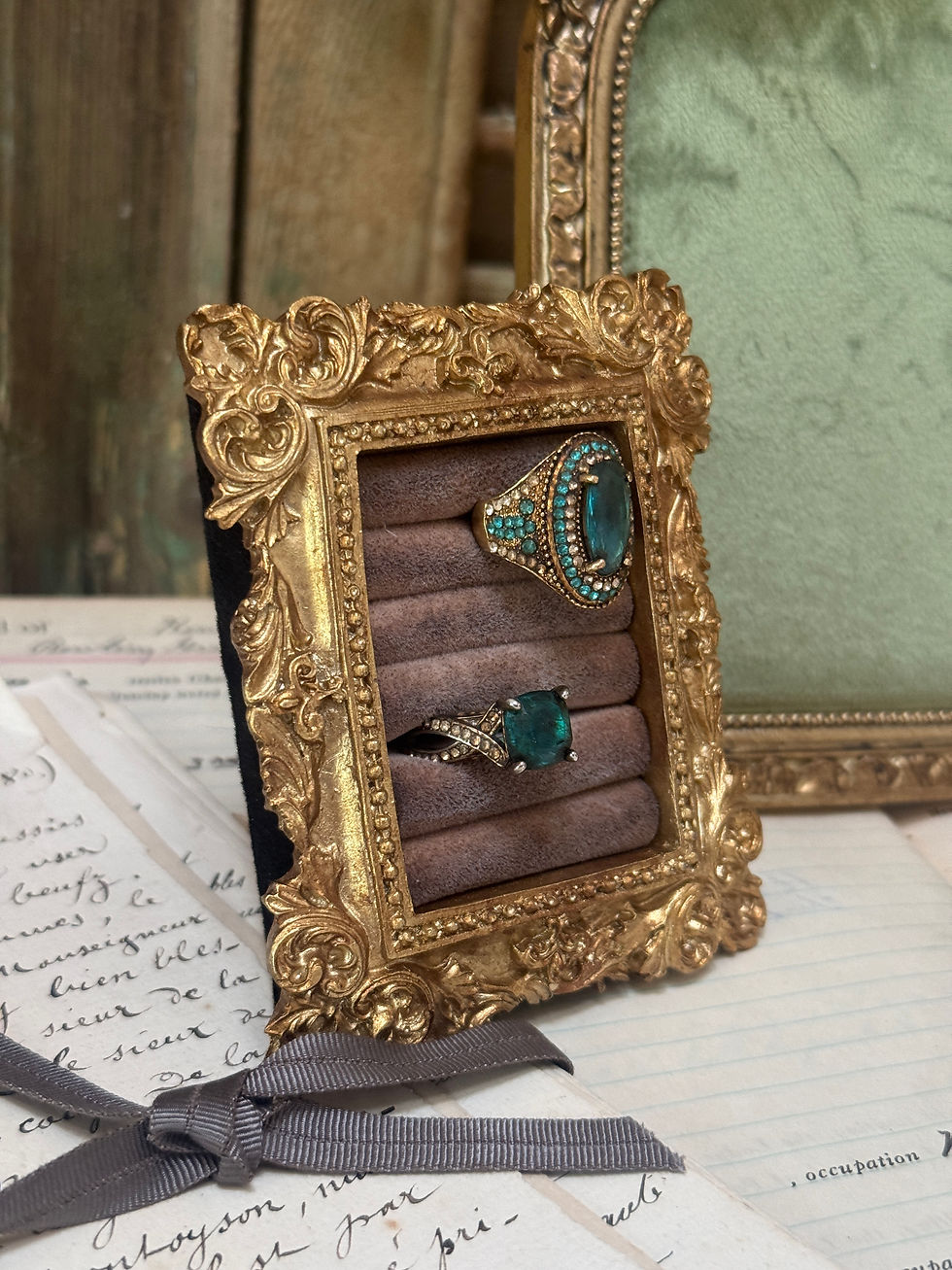 Thumbnail: Gold Rectangular Framed Aged Ivory Velvet Ring Holder with rings 