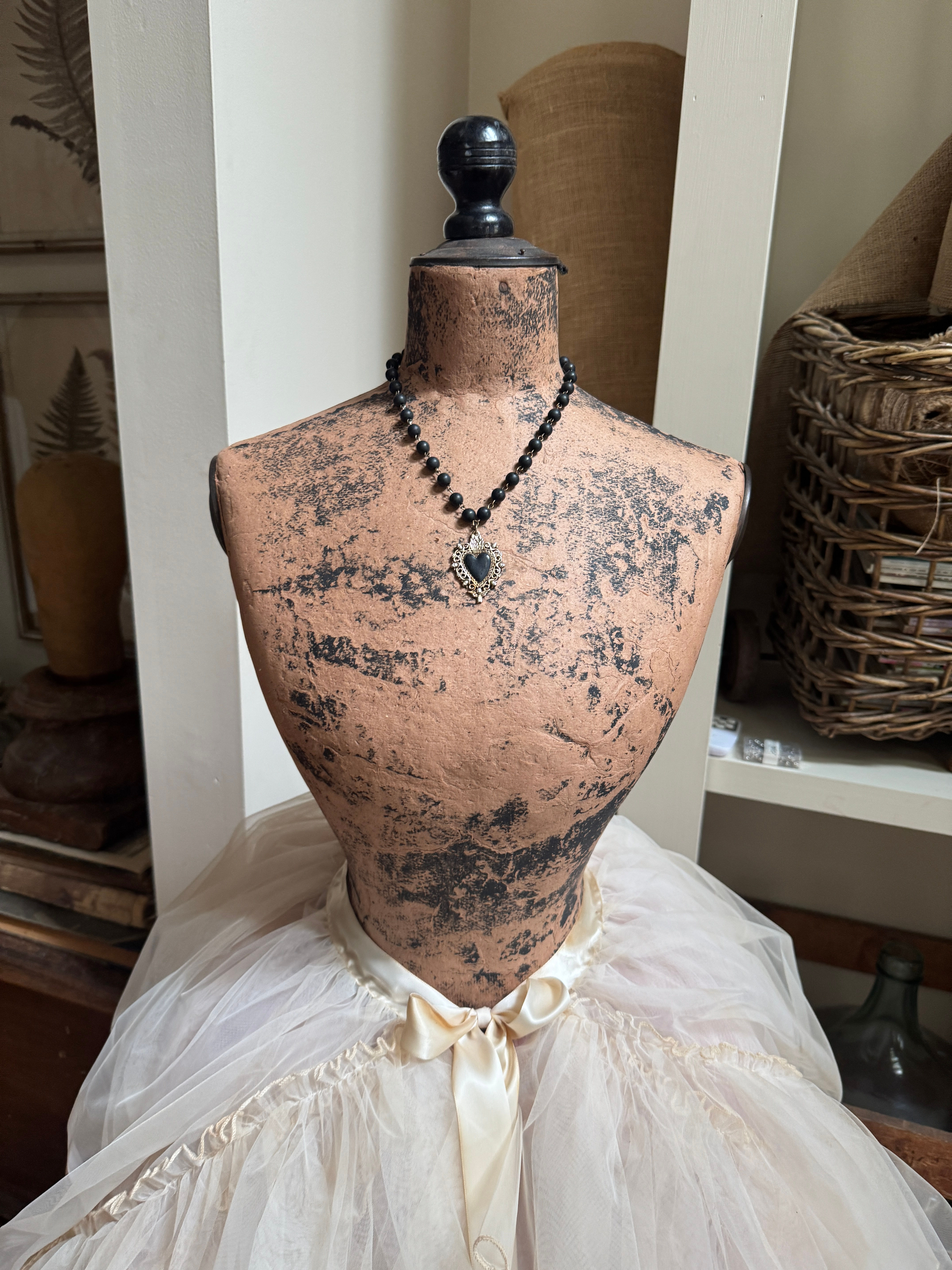 Large Black Bead Sacred Heart Necklace